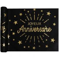 Chemin de table joyeux anniversaire noir et or metallique