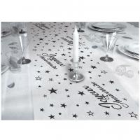 Chemin de table joyeux anniversaire noir metallique et transparent organdi