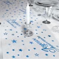 Chemin de table joyeux anniversaire organdi bleu et transparent