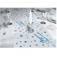 Chemin de table joyeux anniversaire organza bleu et transparent