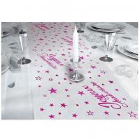 Chemin de table joyeux anniversaire rose fuchsia metallique et transparent organdi