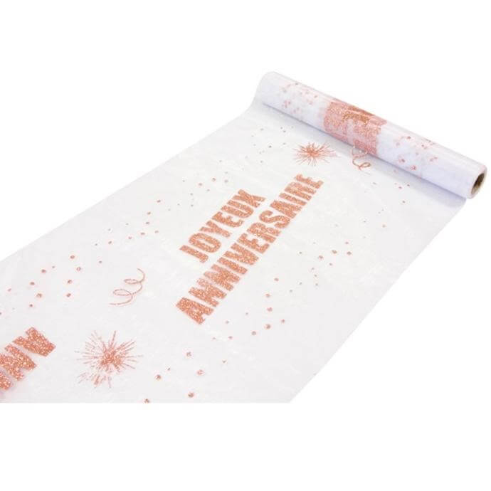 Chemin de table joyeux anniversaire rose gold en organdi