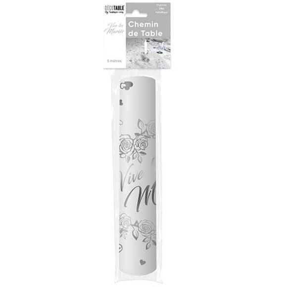 Chemin de table mariage vive les maries argent et transparent