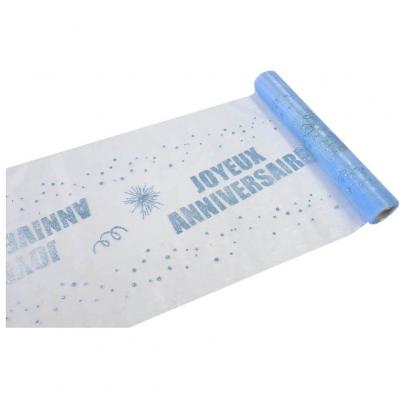 Chemin de table organdi joyeux anniversaire bleu ciel