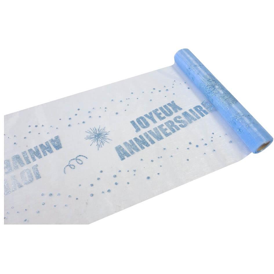 Chemin de table organdi joyeux anniversaire bleu ciel