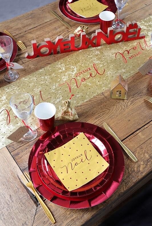 Chemin de table velours noel dore or et rouge