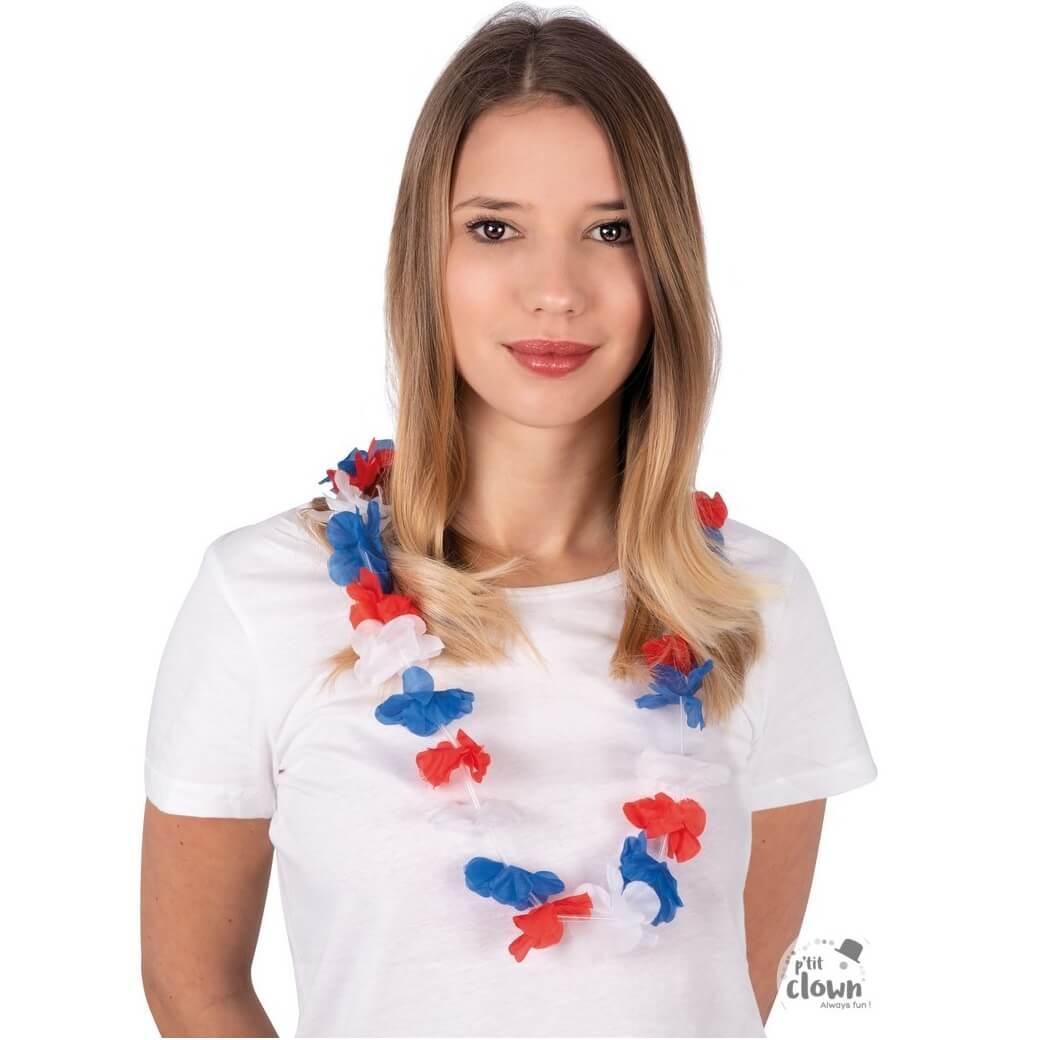 Collier tricolore france bleu blanc et rouge fleur hawaienne