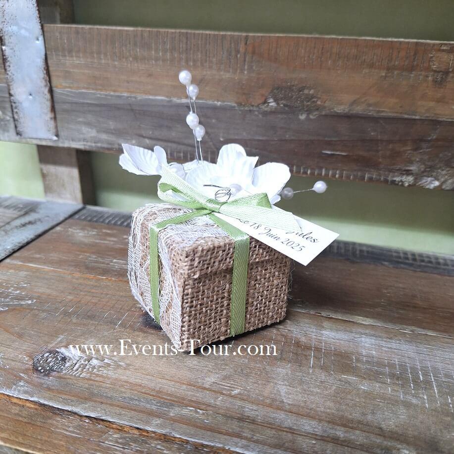 Conf011 confection de dragees boite jute fleur orchidee