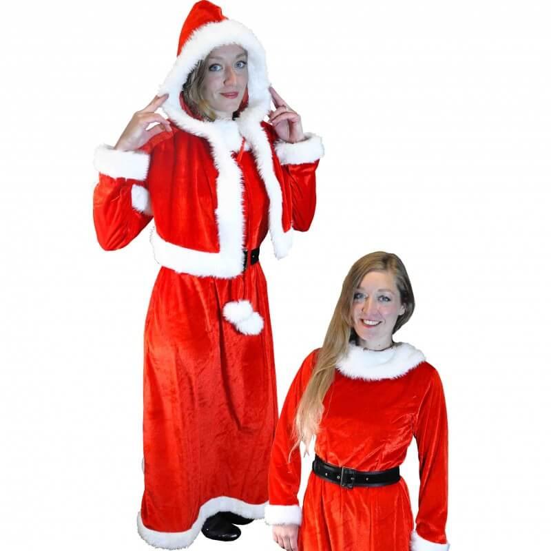 Costume blanc et rouge mere noel avec robe longue avec sa cape et son bonnet