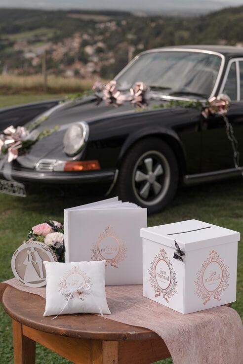 Coussin alliance mariage just married blanc et rose gold