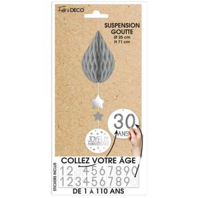 Decoration de salle anniversaire avec goutte grise en suspension