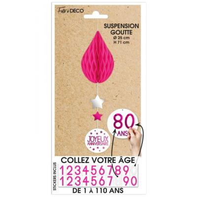 Decoration de salle anniversaire avec goutte rose fuchsia en suspension