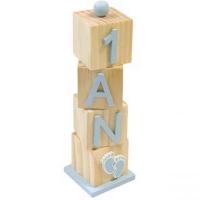 Decoration anniversaire 1 an cube en bois bleu ciel et naturel