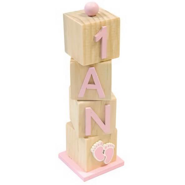 Décoration anniversaire 1 an cube en bois rose R/DEK0519