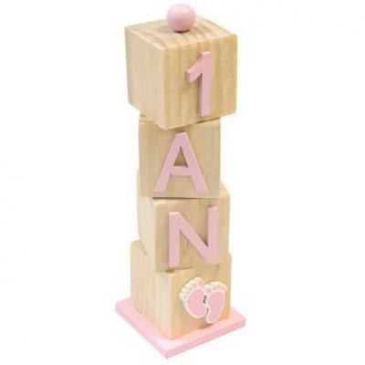 Decoration anniversaire 1 an cube en bois rose et naturel