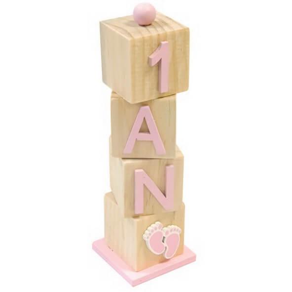 Decoration anniversaire 1 an cube en bois rose et naturel