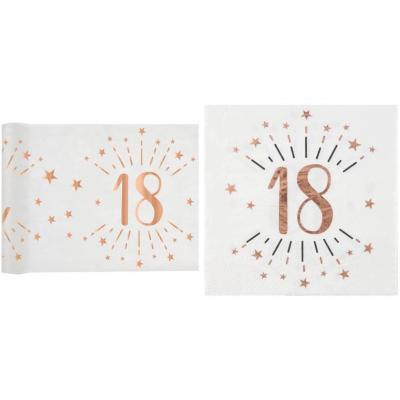 1 Pack décoration anniversaire 18ans de 10 serviettes et 1 chemin de table blanc et rose gold.