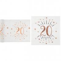 Decoration anniversaire 20ans chemin de table et serviette blanche rose gold