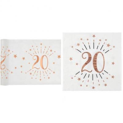 1 Pack décoration anniversaire 20ans de 10 serviettes et 1 chemin de table blanc et rose gold.