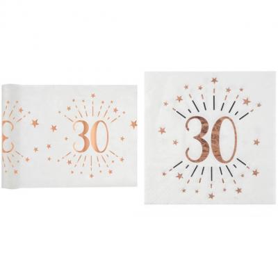 1 Pack décoration anniversaire 30ans de 10 serviettes et 1 chemin de table blanc et rose gold.