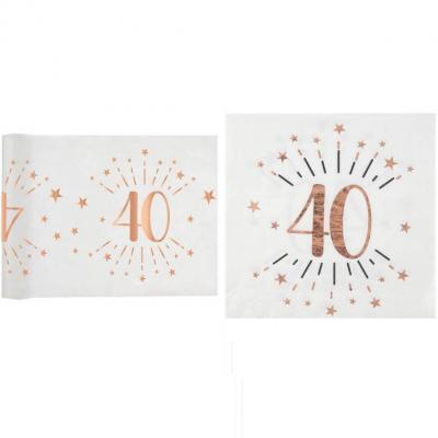 1 Pack décoration anniversaire 40ans de 10 serviettes et 1 chemin de table blanc et rose gold.