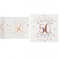 Decoration anniversaire 50ans chemin de table et serviette blanche rose gold