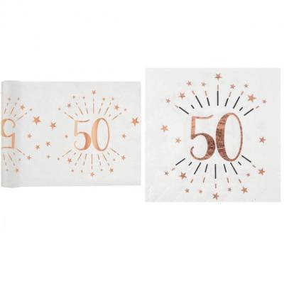 1 Pack décoration anniversaire 50ans de 10 serviettes et 1 chemin de table blanc et rose gold.