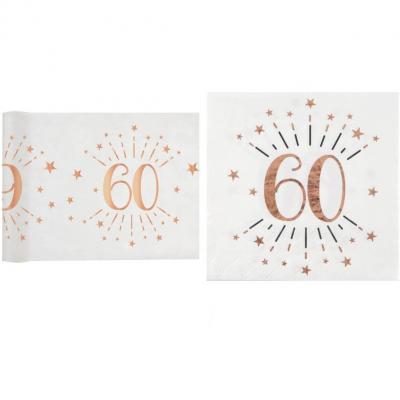 1 Pack décoration anniversaire 60ans de 10 serviettes et 1 chemin de table blanc et rose gold.