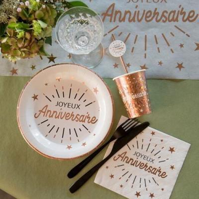 Assiette joyeux anniversaire blanche et rose gold