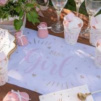 Decoration avec chemin de table baby shower blanc rose et or