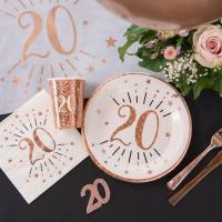 Decoration avec serviette et chemin de table anniversaire 20ans blanc et rose gold