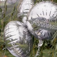 Decoration ballon joyeux anniversaire argent metallique en aluminium