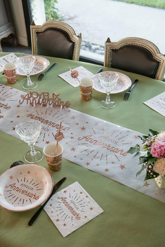 Decoration chemin de table anniversaire blanc et rose gold etincelant metallise