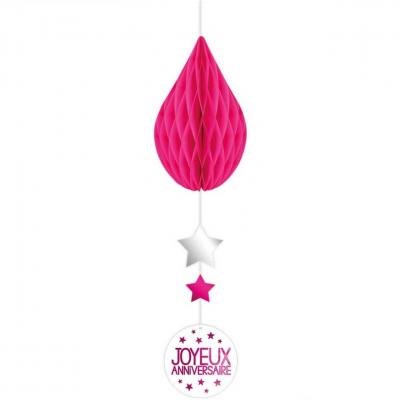 Decoration de salle anniversaire avec goutte rose fuchsia en suspension