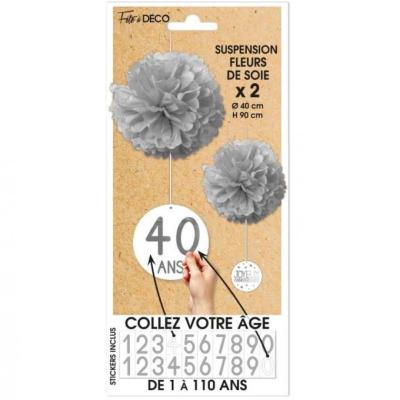 Decoration anniversaire grise avec 2 boules en soie