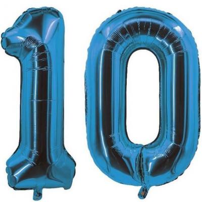 REF/7005 Décoration de salle avec ballon anniversaire chiffre 10 bleu en aluminium de 30cm.