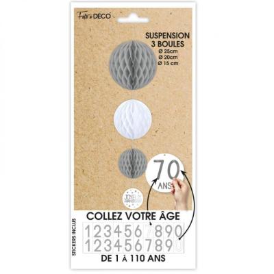 Decoration suspension anniversaire grise et blanche avec 3 boules