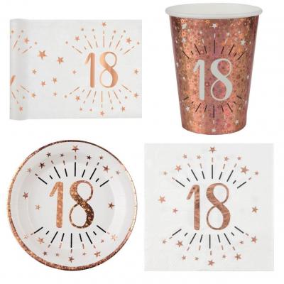 1 Pack décoration de table 18 ans anniversaire 10 personnes blanc et rose gold.