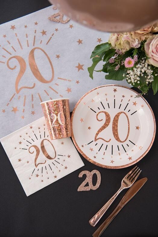 Décoration de table 20ans anniversaire blanc & rose gold étincelant.