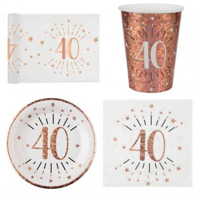 1 Pack décoration de table 40 ans anniversaire 10 personnes blanc et rose gold.