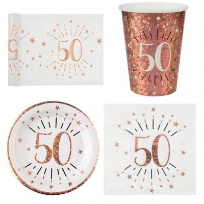 1 Pack décoration de table 50 ans anniversaire 10 personnes blanc et rose gold.