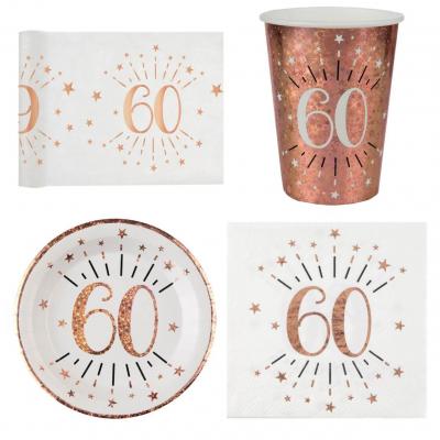 1 Pack décoration de table 60 ans anniversaire 10 personnes blanc et rose gold.