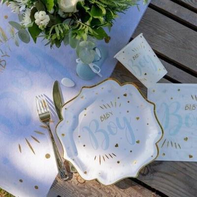 Assiette baby shower blanche bleu ciel et or