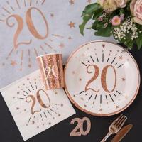 Decoration de table avec assiette anniversaire 20 ans blanc et rose gold