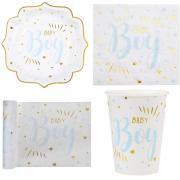 1 Pack décoratif avec vaisselle Baby Shower Boy en blanc, bleu ciel et doré métallisé pour 10 personnes.