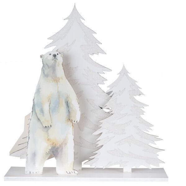 Décoration de table de Noël avec ours polaire blanc irisé.