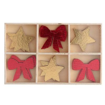 Décoration bois Noël en rouge et doré or métallique étoile et noeud cadeau (x12) REF/6507