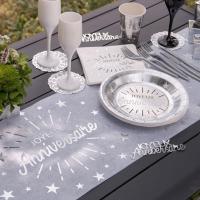 Decoration de table joyeux anniversaire blanc et argent metallique