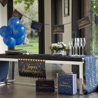 Decoration de table joyeux anniversaire bleu marine et or metallique