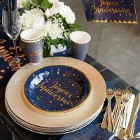 Decoration de table joyeux anniversaire bleu marine et or metallise